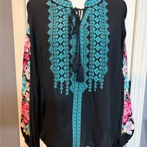 Embroidered Black Blouse with Floral Sleeves